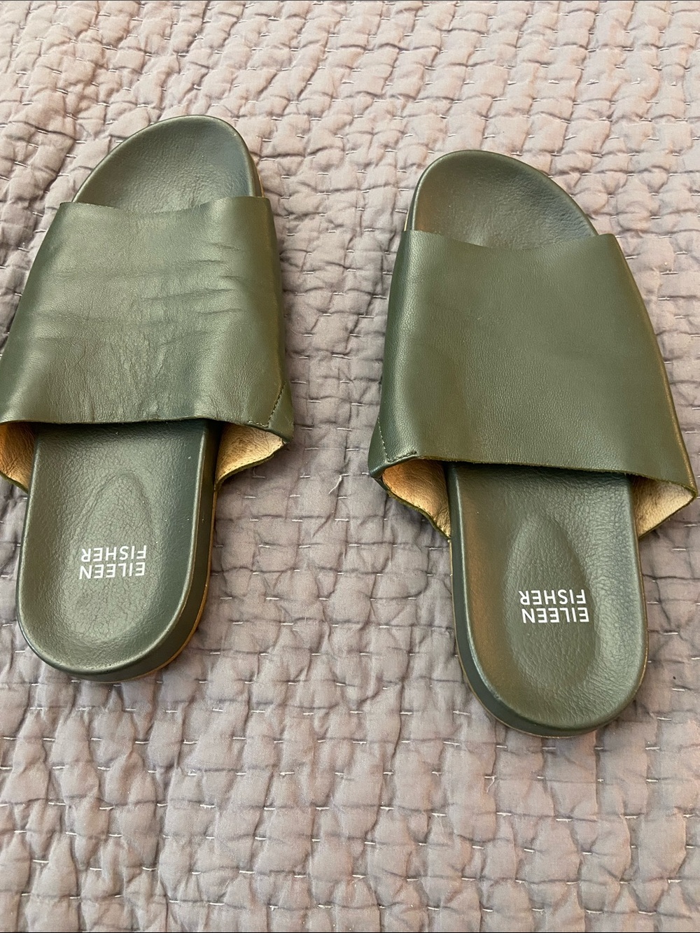 Eileen Fisher Olive Green Leather Slide Sandals